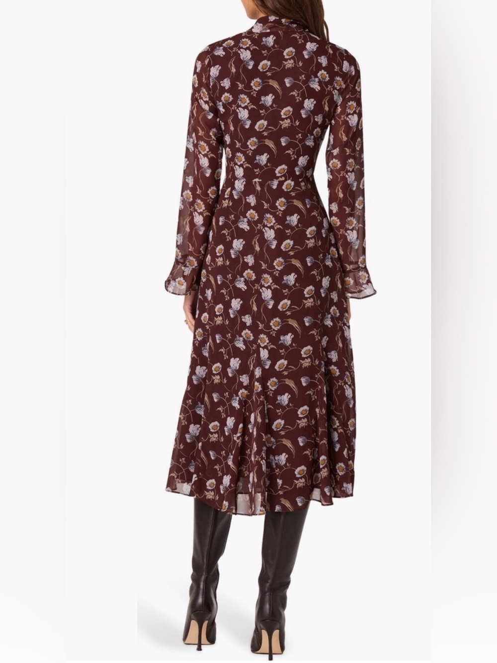 NWT ASTR The Label Brown Blue Floral Tie-Neck Midi Dress Size L - Picture 6 of 8